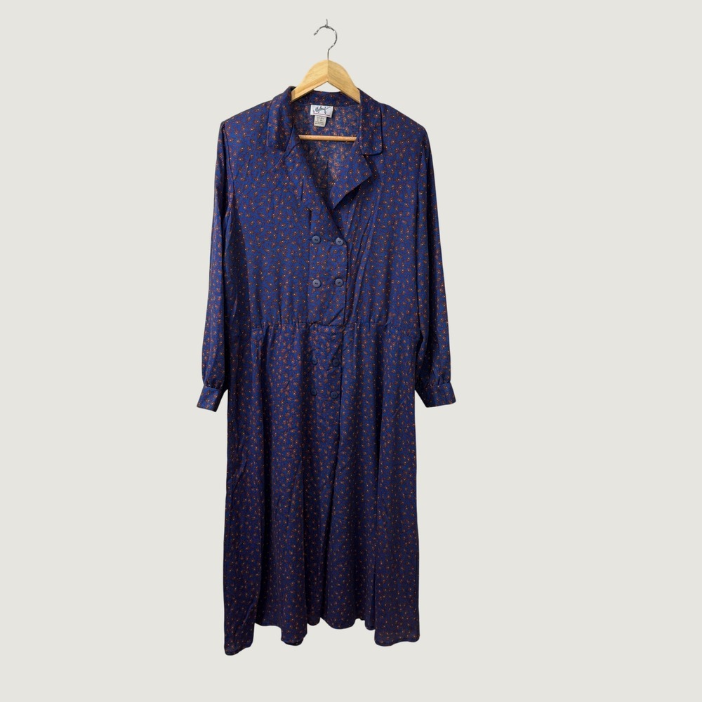 Vintage Malouf Blue Paisley‎ Midi Dress Double Breasted Button Front 18 Tall
